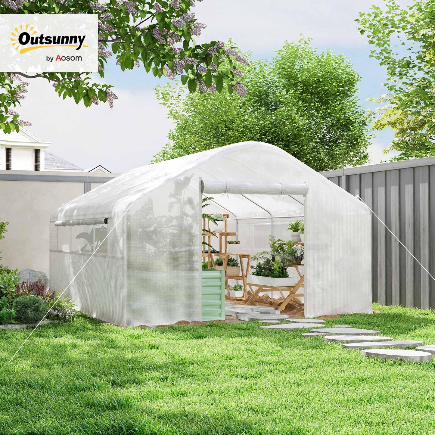 Outsunny 13' x 10' x 6.5' Hoop House Greenhouse with Large Windows and Zippered Door, Large Walk-in Tunnel Green House with Upgraded Galvanized Steel Frame, PE Cover, Gardening Plant Hot House, White