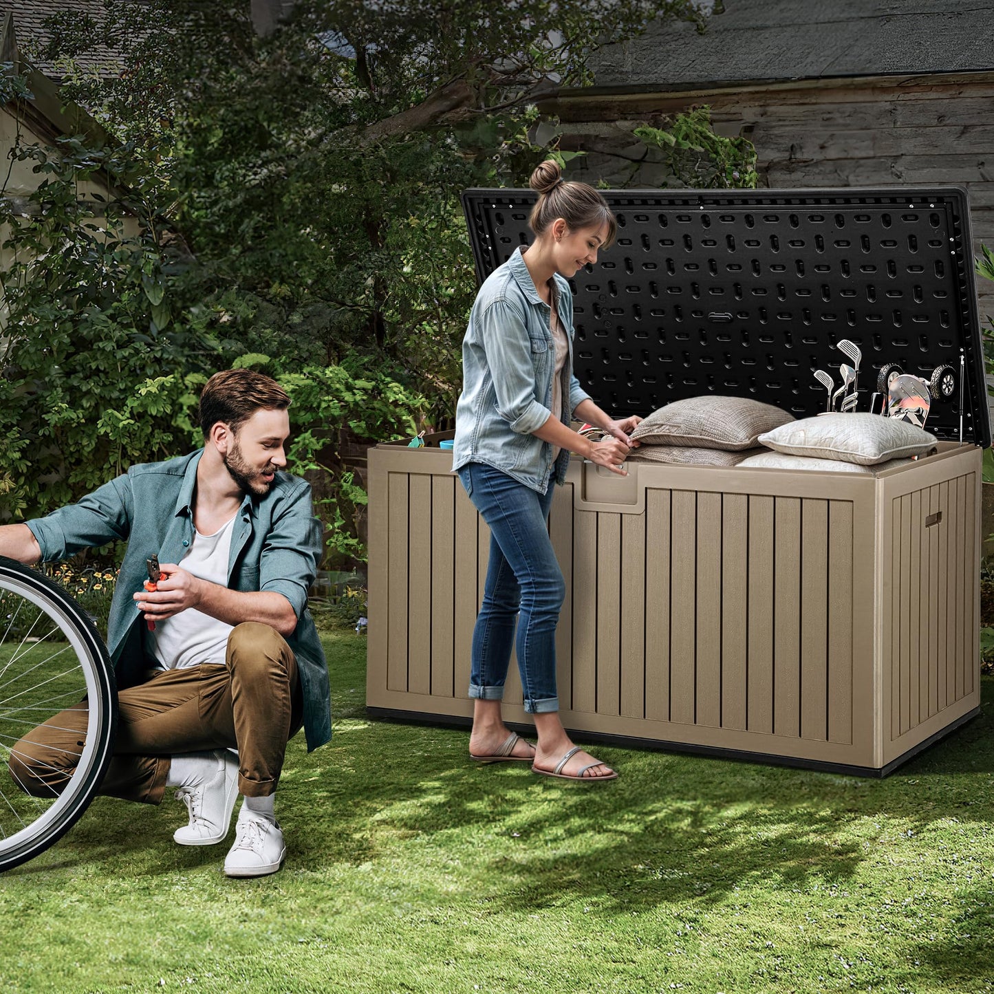 YITAHOME XXL 260 Gallon Large Deck Box,Outdoor Storage for Patio Furniture Cushions,Garden Tools and Pool Equipment with Flexible Divider,Waterproof,Lockable (Black&Brown)