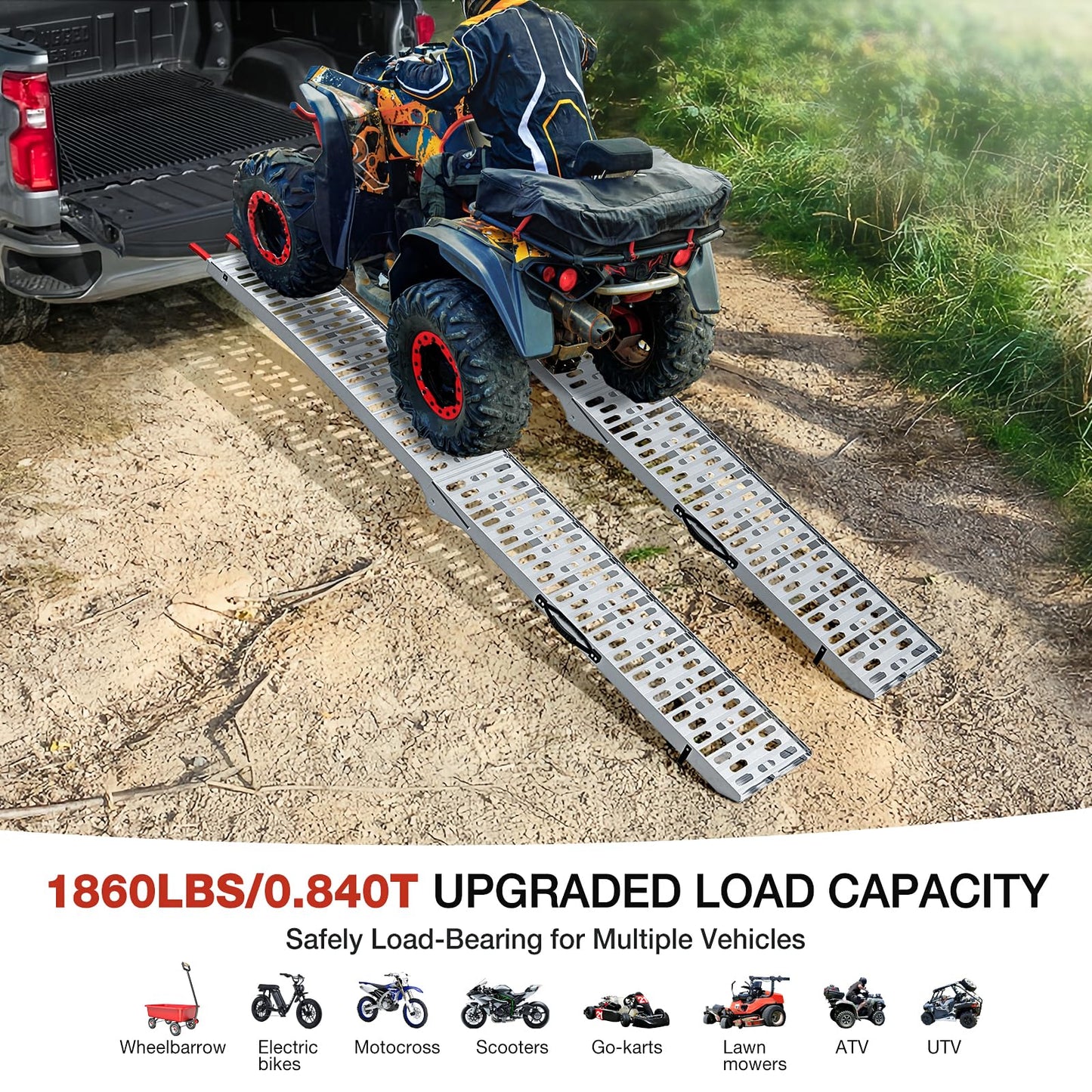 WheelX Heavy-Duty 1,860 lbs Capacity Aluminum Folding Loading Ramps - Non-Slip Motorcycle & ATV Ramps for Pickup Trucks & Trailers with Safety Straps