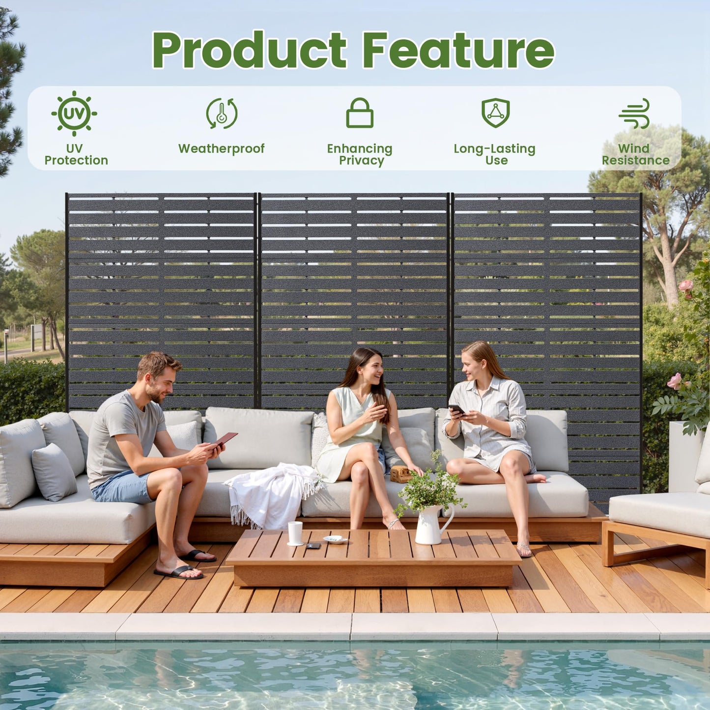 Diyfire Privacy Screen Outdoor 60" H HDPE Decorative Freestanding Privacy Panel, Garden Divider Panels with Sandblasting Louvered Design, Privacy Screens Fence with Stand for Outside, Patio, Balcony