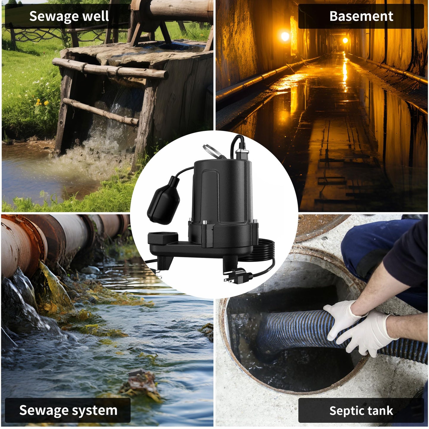 LANCHEZ 1.5 HP 53FT Submersible Sewage Pump, 4300 GPH Heavy Duty Cast Iron Effluent Pump with Automatic Tethered Float Switch, Sump Pump for Sump Basin, Basement, Residential, 2" NPT Discharge, Black
