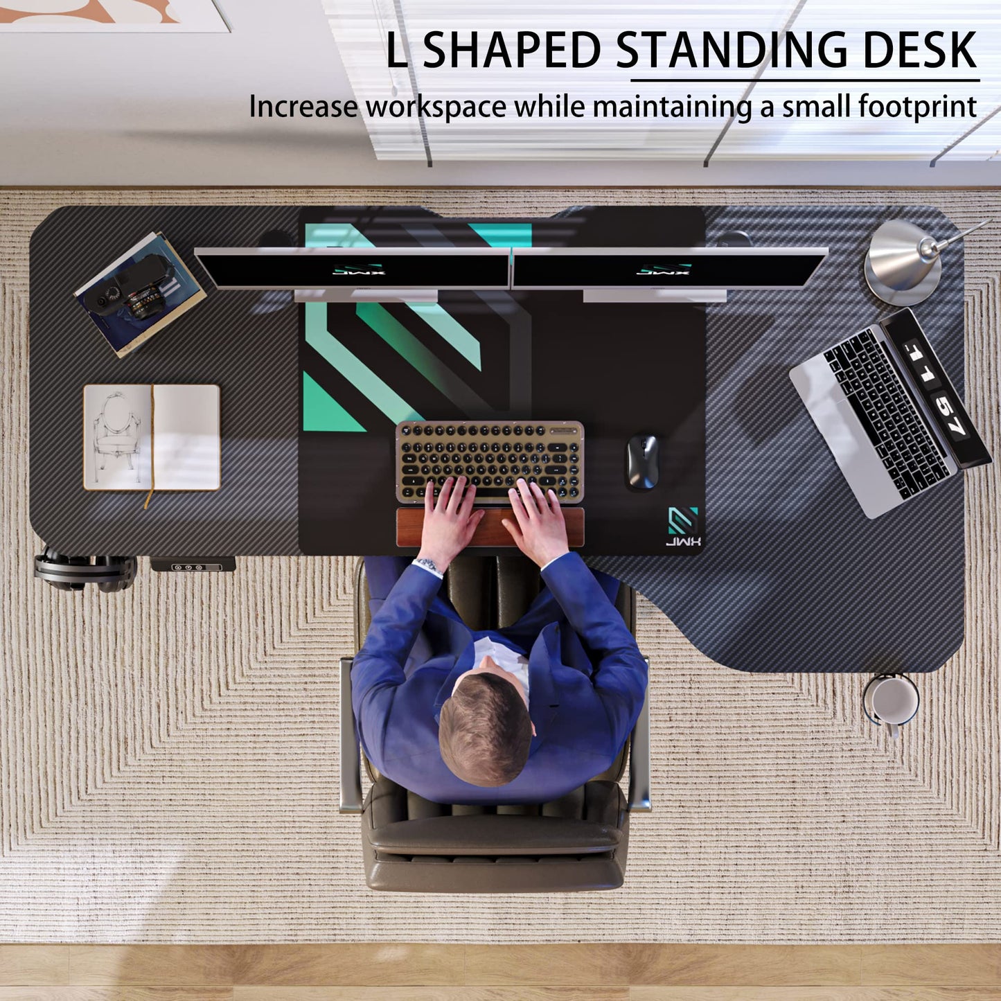 JWX Dual Motor L Shaped Standing Desk 63”, Electric Height Adjustable Gaming Desk with Memory Presets, Child Lock, Sit Stand Reminder, Carbon Fiber Desktop, Cable Management, Cup Holder