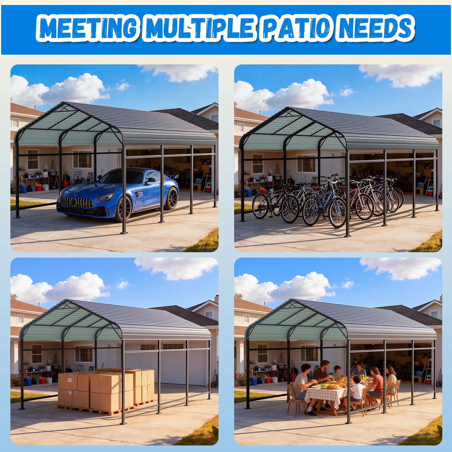 Greesum 10x15FT Metal Carport with Heavy Duty Frame and Galvanized Steel Roof, Round Carports with Side Support Rods, Canopy Shelter for Car, Pickup Trucks, Boats, Party, Gray