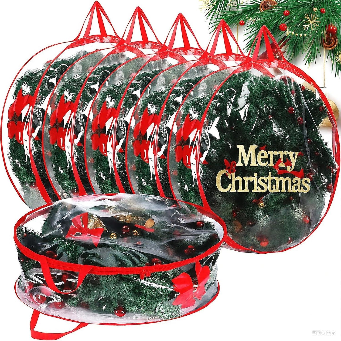 Shappy Christmas Wreath Storage Bag - 24-Inch Clear Container with Dual Zippers & Reinforced Handles | Red