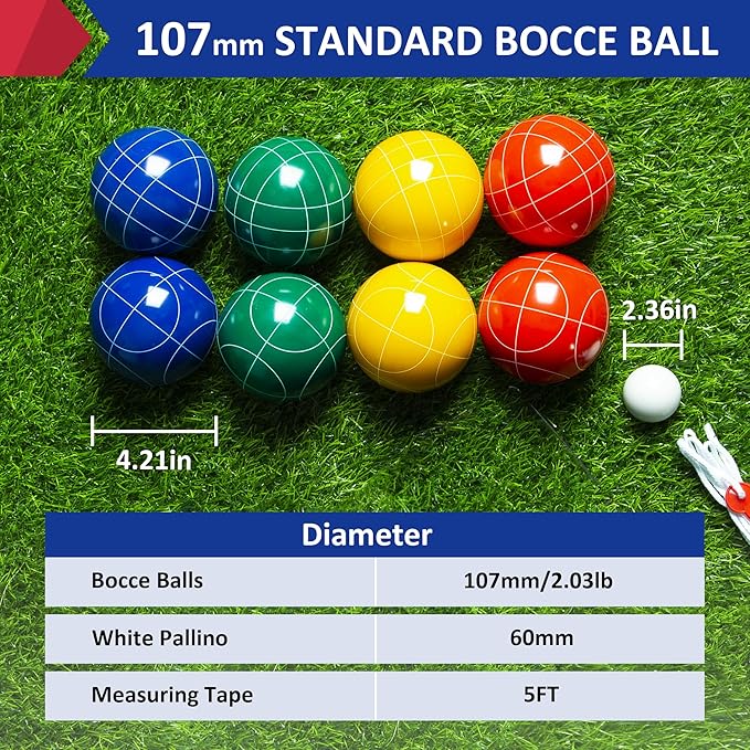 ropoda 107mm Bocce Ball Set Regulation Size and Weight with 8 Resin Bocce Balls, Resin Bocci Balls for Professional Tournament Competition, 60mm Pallino, Nine-Grid Shockproof Carrying Bag(2-8 Players)