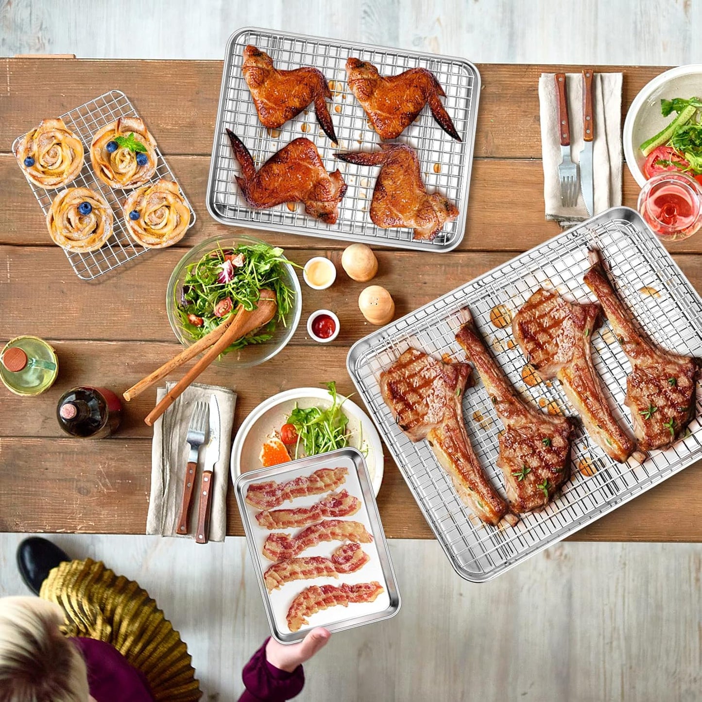 P&P CHEF Baking Sheet Set - Stainless Steel Cookie Sheets with Cooling Racks | 16", 12.5", 9" Sizes