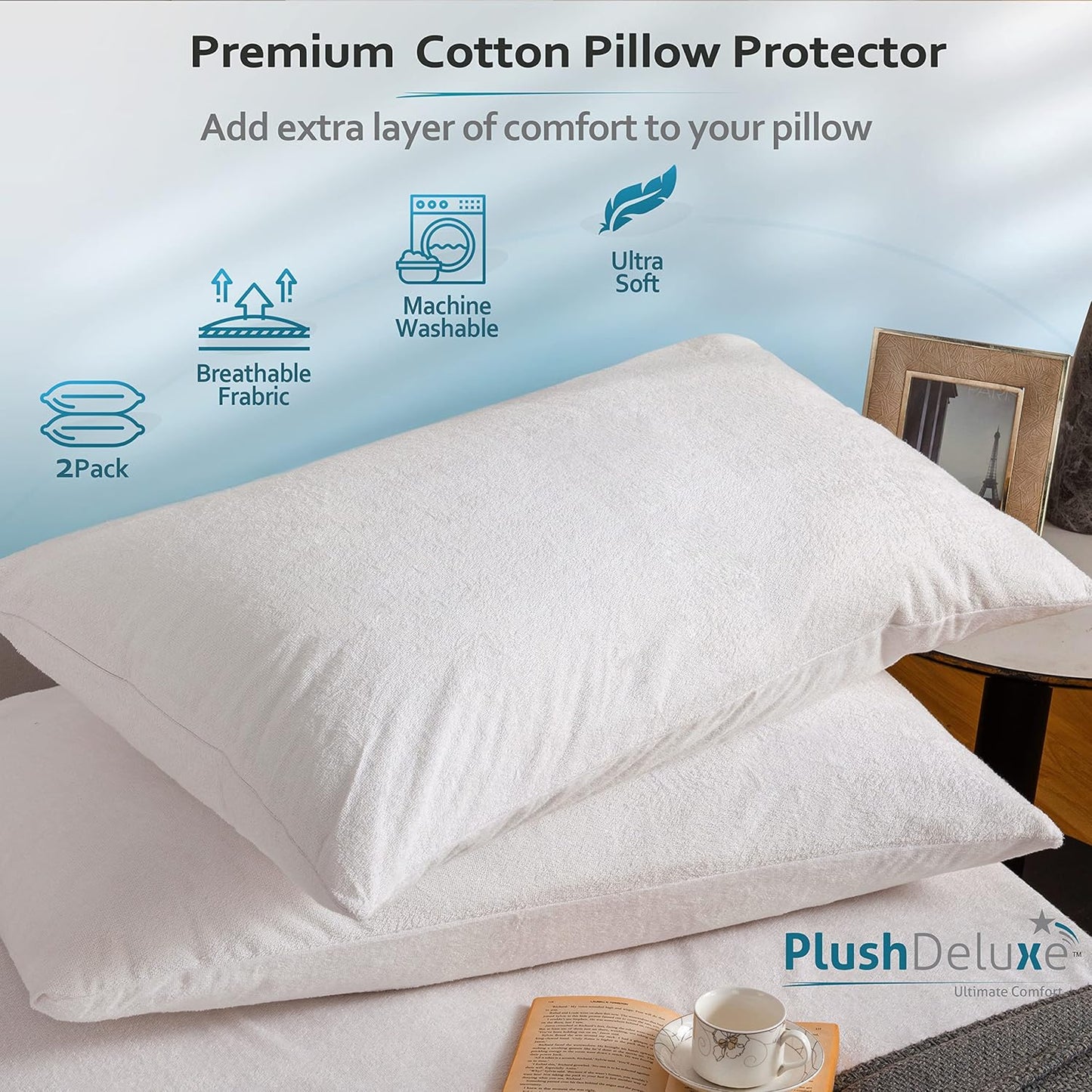 PlushDeluxe Pillow Protectors - Waterproof & Hypoallergenic Encasements | Queen Size 20”x32”, Set of 2