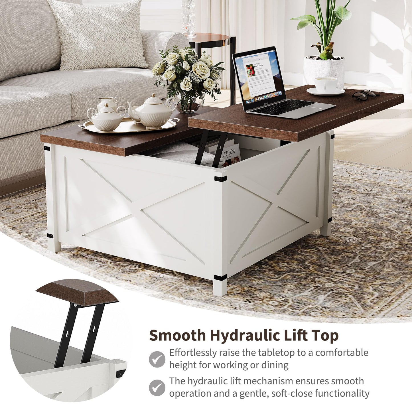 GarveeHome Hydraulic Lift Top Coffee Table with Hidden Storage, Farmhouse Industrial Style Accent Table, Sturdy Wood & Metal Construction, Safe Lift Mechanism, for Living Room Office