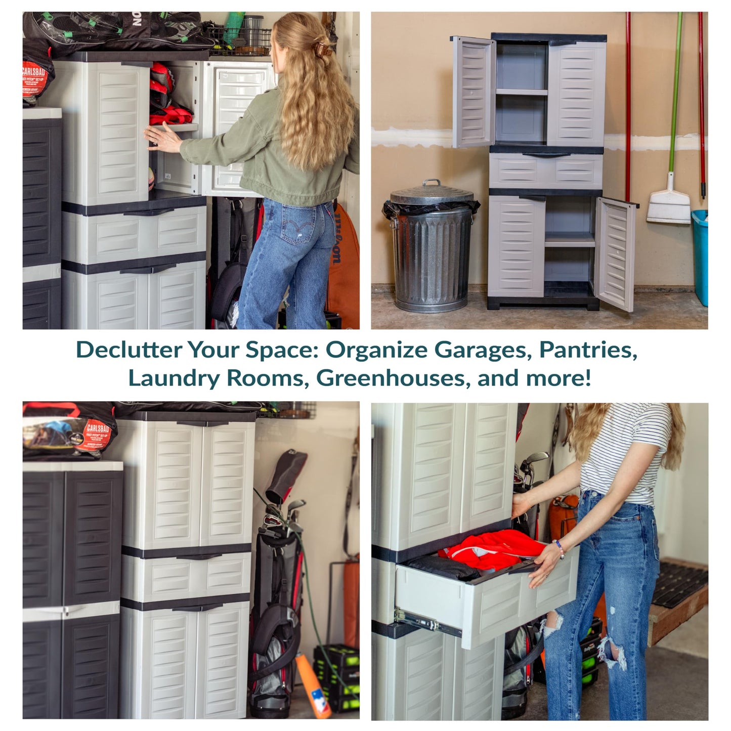 Sunnydaze 57" H Resin Garage Storage Cabinet - Garage Cabinet with 2 Adjustable Shelves - Freestanding Utility Storage for Laundry Room, Office, Basement - Gray
