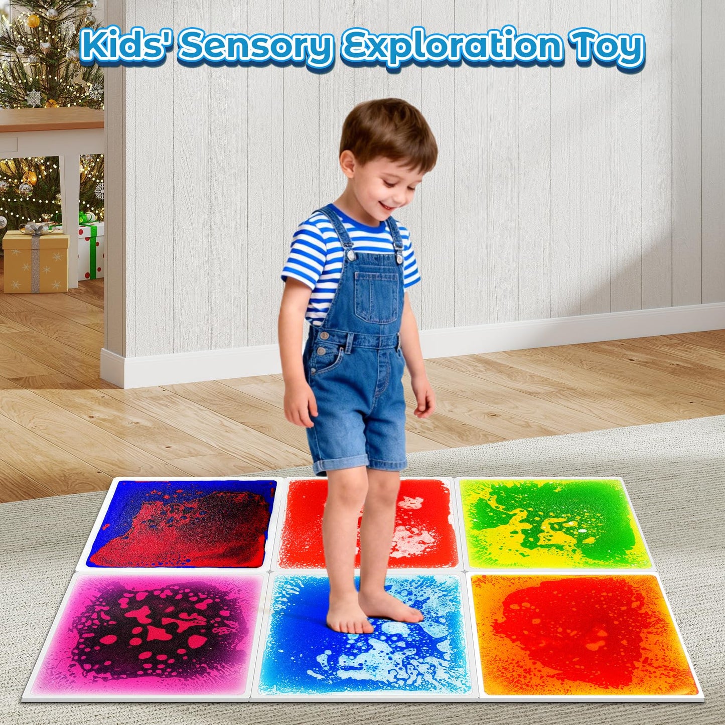 Toddler Sensory Liquid Floor Mats - 6-Piece Liquid Play Mat Pack, 12" x 12" Square Sensory Puzzle Mats for Autism, Lava Brick Dance Step Mats, Montessori Gross Motion Toys for Preschool Classrooms