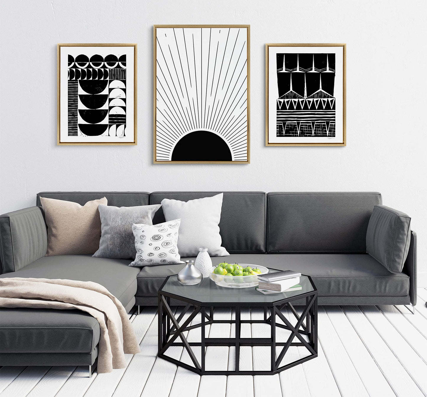 Kate and Laurel Sylvie Mid 3 Framed Canvas Wall Art by Jake Goossen; 23x33 Gold; Decorative Black and White Modern Abstract for Wall