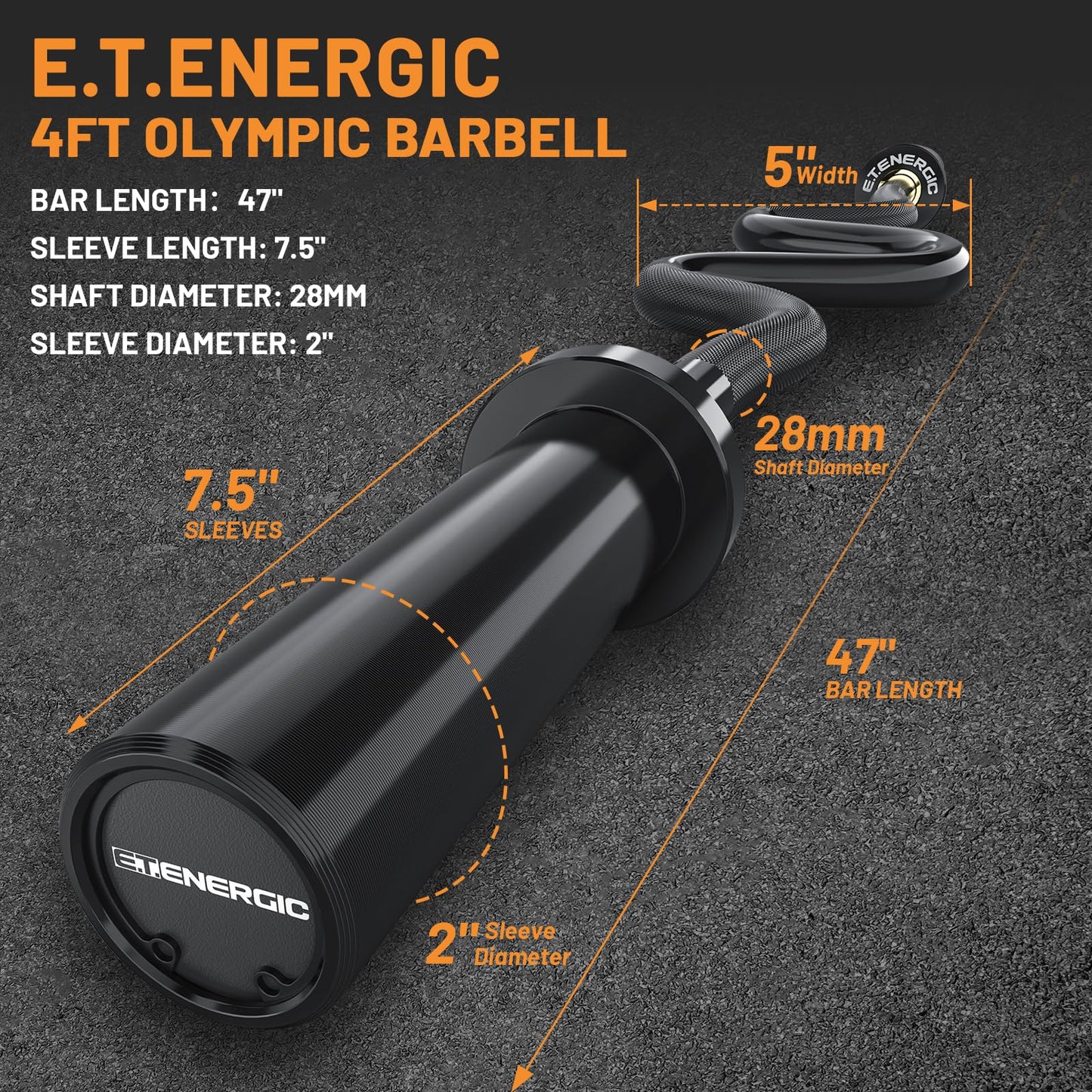E.T.ENERGIC 47" Olympic Super EZ Curl Bar 500-lbs Capacity Steel Barbell Suitable for 2" Barbell Plates