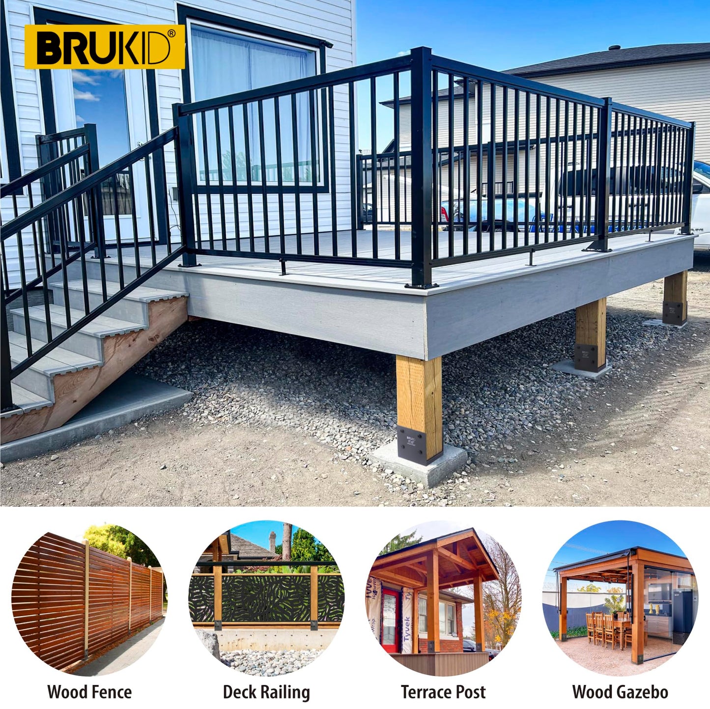 Brukid Stainless Steel 6 x 6 (Actual: 5.5" x 5.5") Deck Post Base, Post Anchor Bracket, Concrete Support Anchor Base for Railings, Fences, Pavilions, Porches (4pack-Dark Gray)