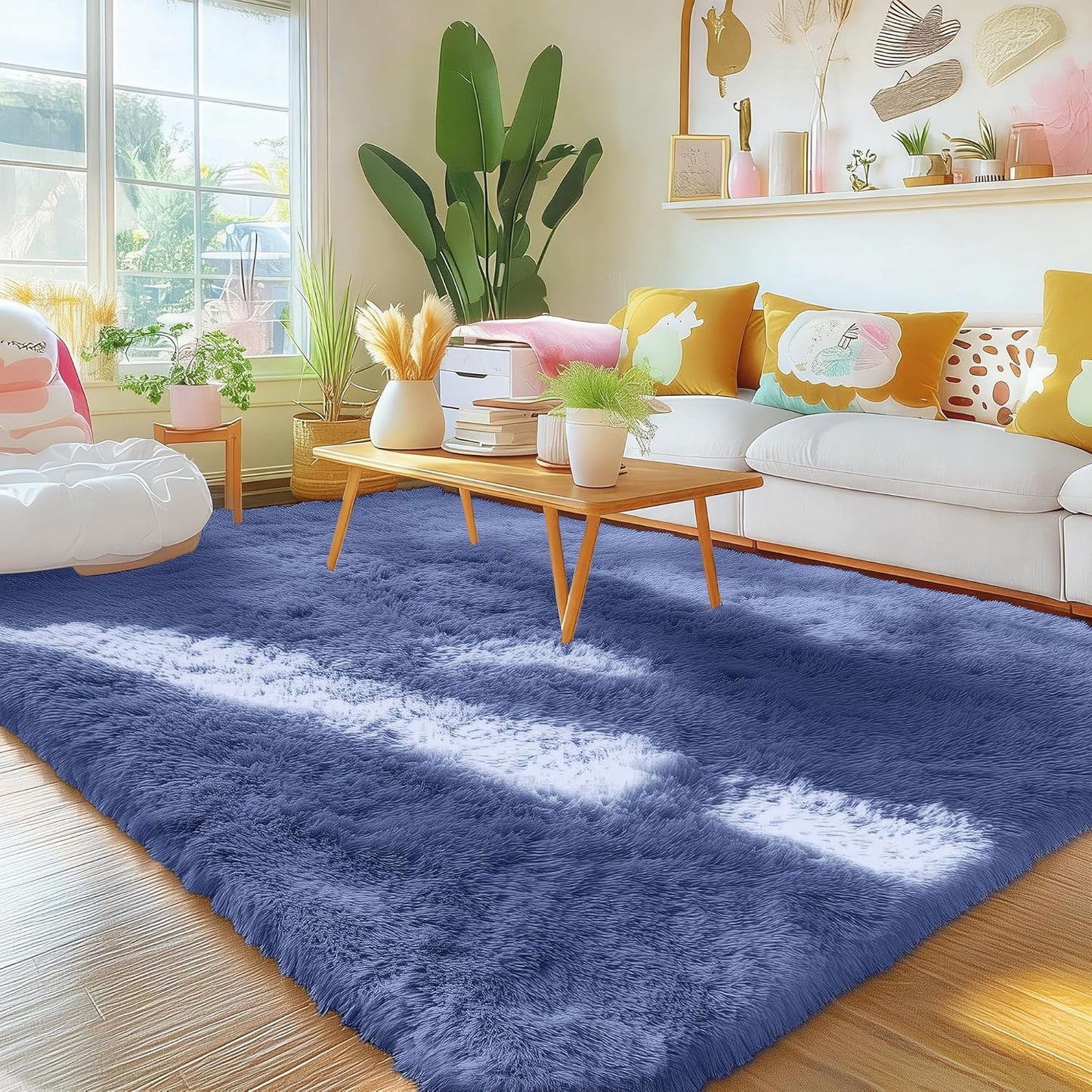 OLANLY Area Rugs - Soft Fluffy Shaggy Indoor Carpet for Living Room & Bedroom | 4x5.9 ft Denim Blue