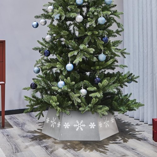 FORUP Metal Christmas Tree Ring - Printed Snowflake Design | Decorative Tree Skirt Base (Silver)