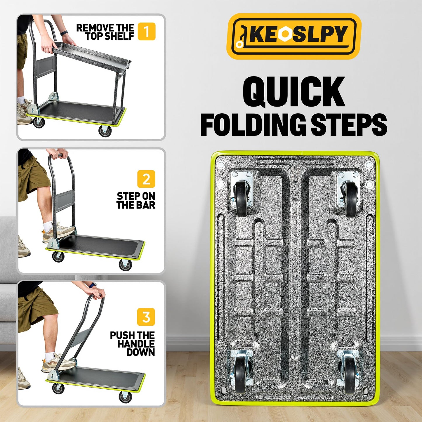 Keoslpy Upgraded Foldable Push Cart Dolly, 700lbs Foldable Platform Truck Dolly with Wheels, Heavy Duty Platform Cart 2 Tier Moving Flatbed Cart for Warehouse, Garage, Workshop, Office 28.75" x 18.5"