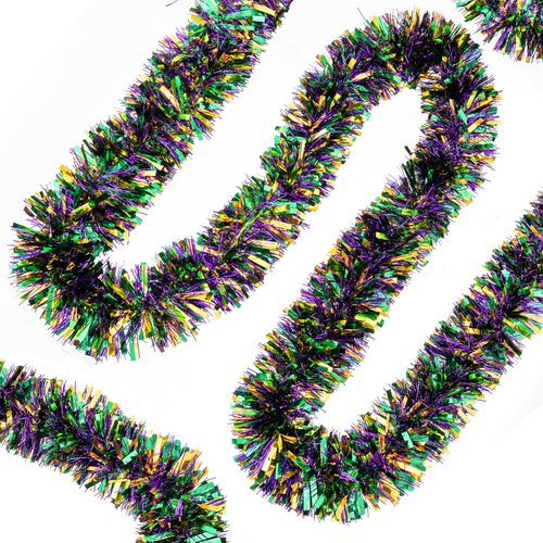50FT Mardi Gras Tinsel Garland, Purple Green Gold Metallic Twist Foil Tinsel Garland Glitter Hanging Garland for Mardi Gras Carnival Party Christmas Tree Indoor Outdoor Decoration