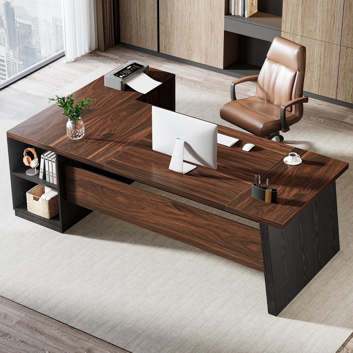 Tribesigns 78" L Shaped Executive Desk, Large Office Desk with Drawers and Storage Shelves, Modern Corner Computer Table Business Furniture for Home Office (Walnut & Brown)