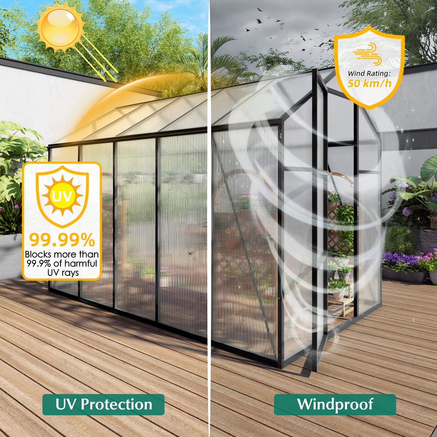 KEIKI 6x10 FT Polycarbonate Greenhouse for Outdoors, Heavy-Duty Walk-in Aluminum Greenhouse with Anchor Base, Light-Transmitting Panels & Drainage System, Black