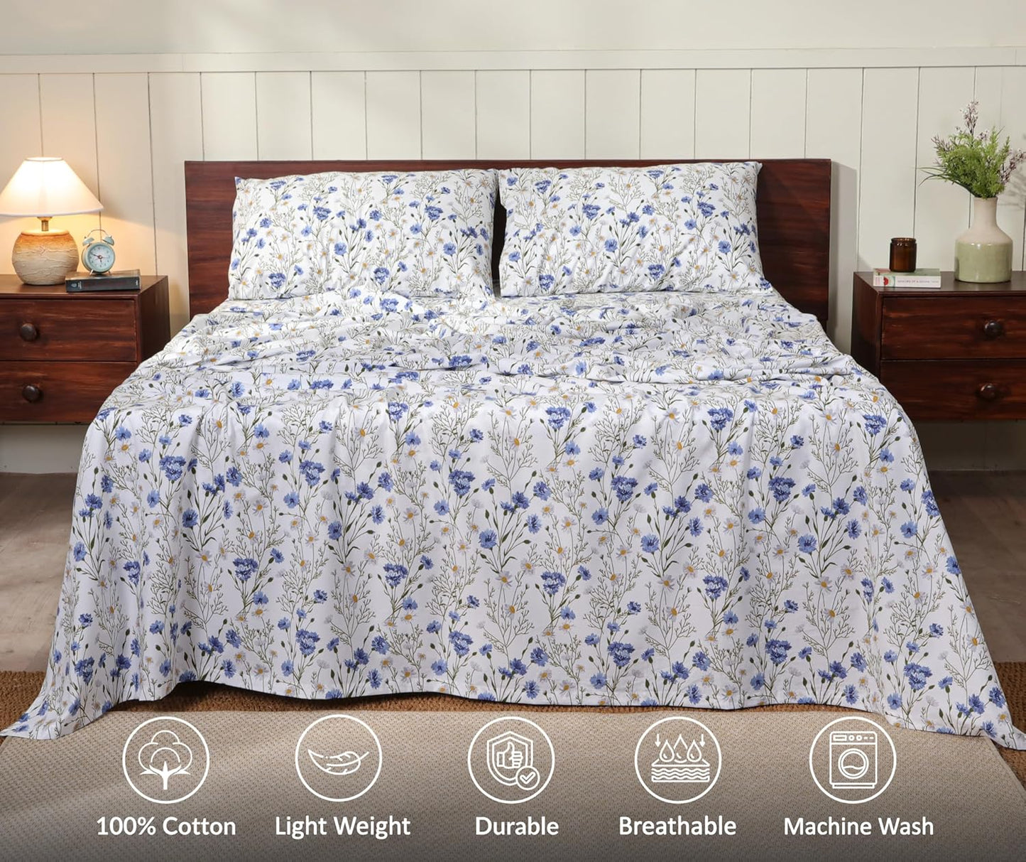 RUVANTI King Size Cotton Sheets - 100% Percale Bedding, Cooling Floral Design, 16" Deep Pocket, 4-Piece Set