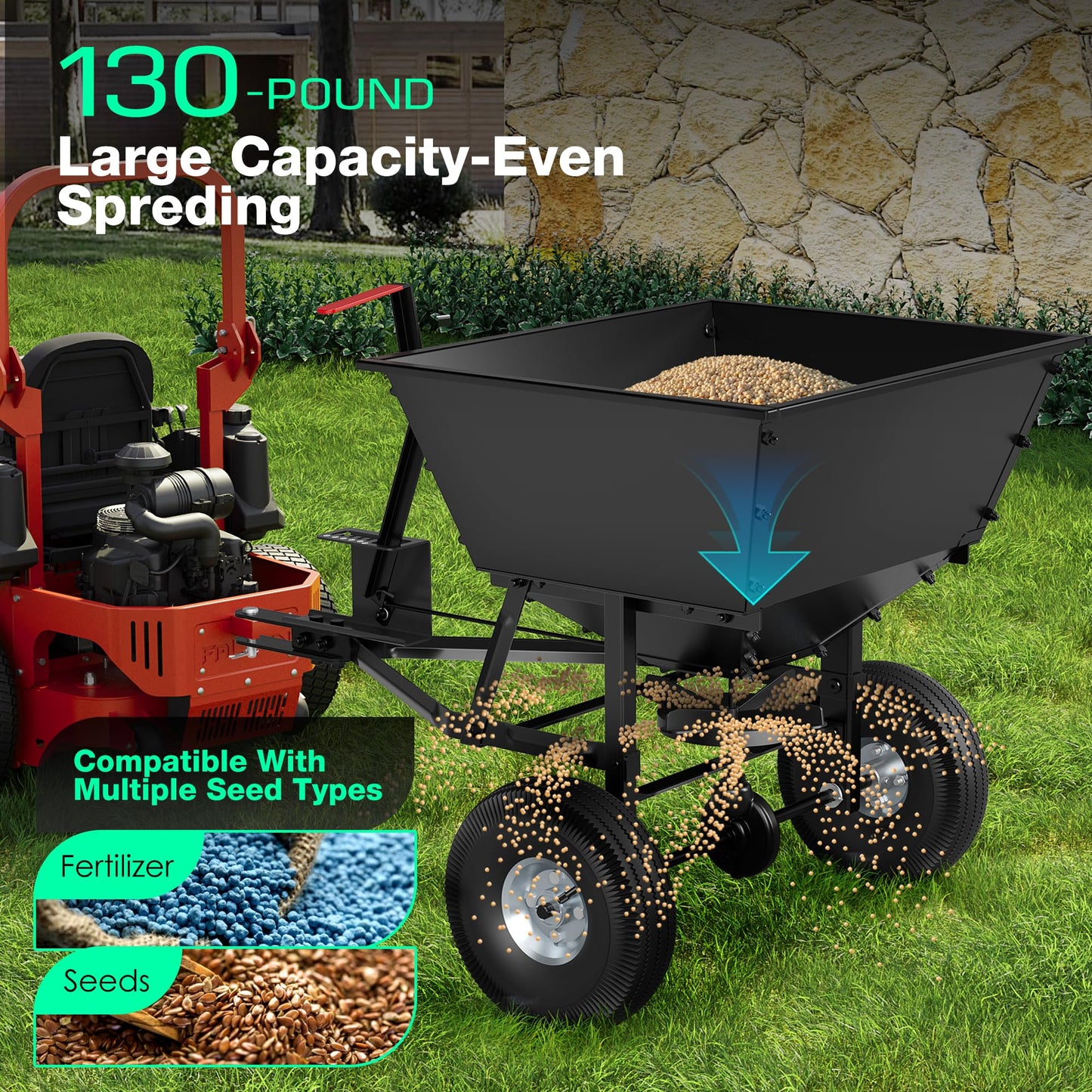 Suchtale Tow-Behind Broadcast Spreader, 130 lbs Capacity, Heavy Duty Fertilizer and Seed Spreader with Adjustable Flow Control Lever,10" Pneumatic Tires, Durable Metal Hopper for Various Terrain Type