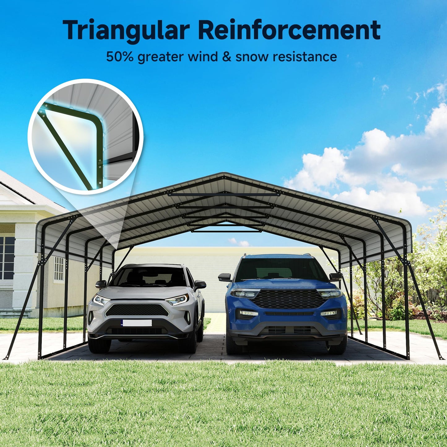 Heavy Duty Metal Carport, 20 x 20FT Outdoor Carport with Galvanized Steel Frame and Roof, Multi-Use Car Shelter for 2 Cars, Pickup, Tractors, Gray