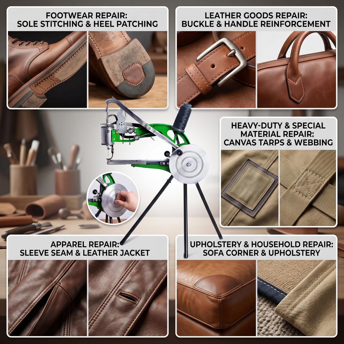 Leather Sewing Machine, Manual Cobbler Sewing Machine Leather, Shoe Repair Machine with Dual Cotton Nylon Line Canvas for Shoe Tents and Belt