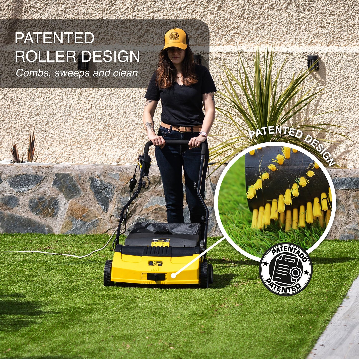 Artificial Turf Sweeper by Roll & Comb, Corded Electric Turf Comb for Synthetic Grass, 16" Working Width, 40L Leaf Collector, 1,600W Motor, Model 502e, 39.5lb