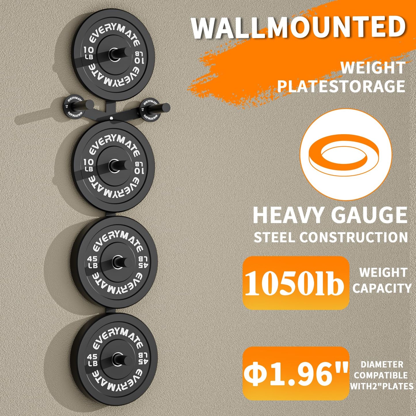 EVERYMATE Weight Plate Storage Rack, Wall Mounted Weight Plate Holder, Bumper Plate Storage for Home Gym, Heavy Weight Plates Holder Fit 2"Plates (6peg)