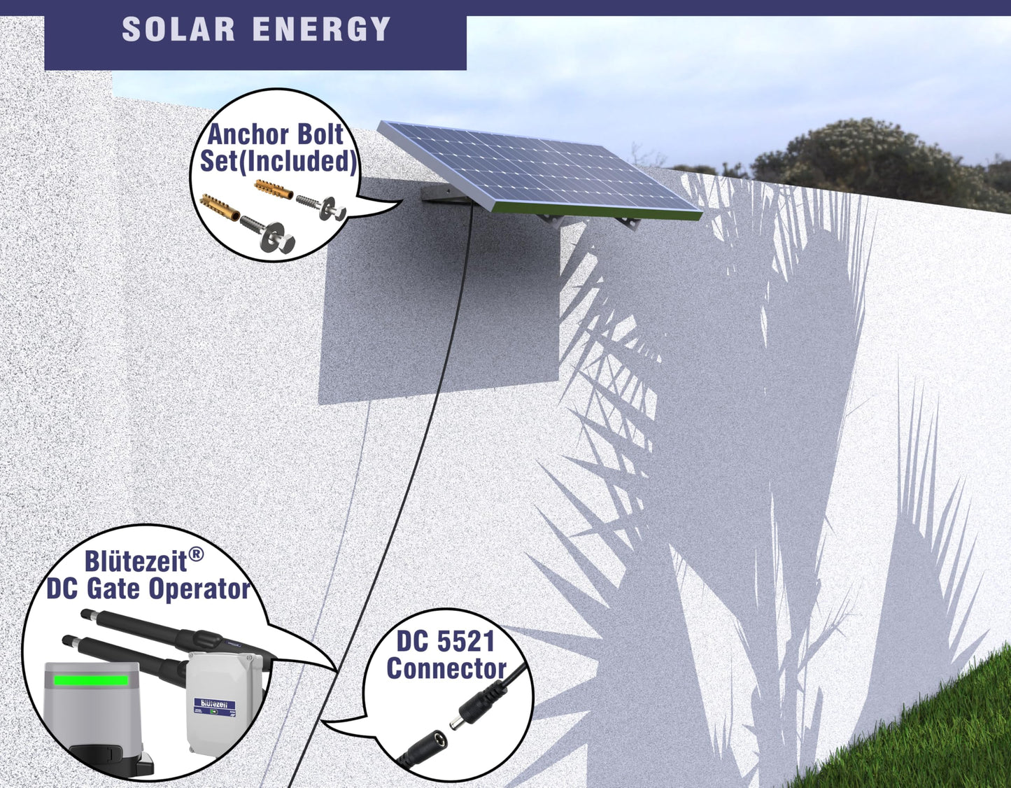 Blütezeit Solar Sliding Gate Opener 1400lb with 25W Solar Panel, Automatic Chain Drive Gate Motor with WiFi Control | Backup Battery | IR Sensor & 2 Remotes for Driveway Gates