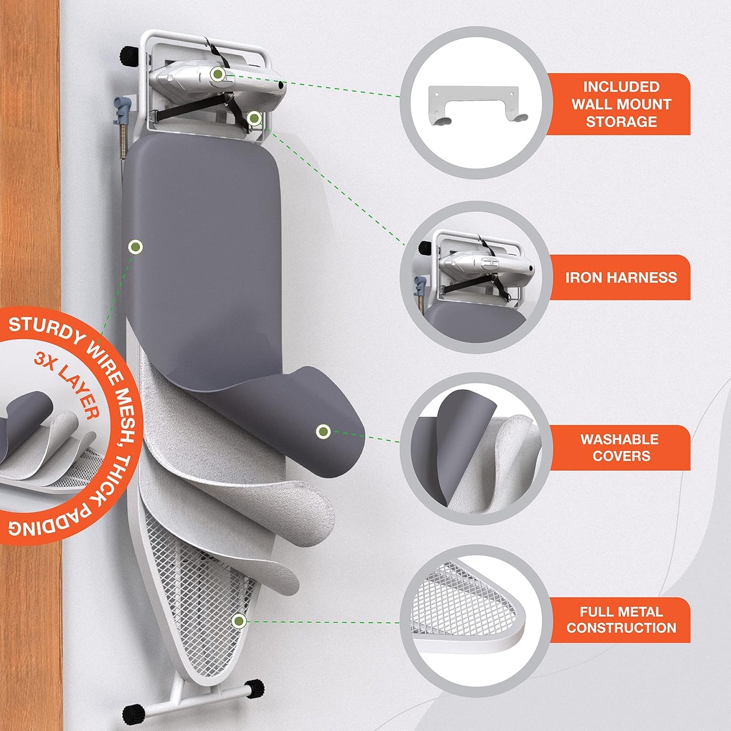 Xabitat Full-Size Ironing Board - 57" X 15" with Wall Mount Hanger & Built-In Iron Caddy