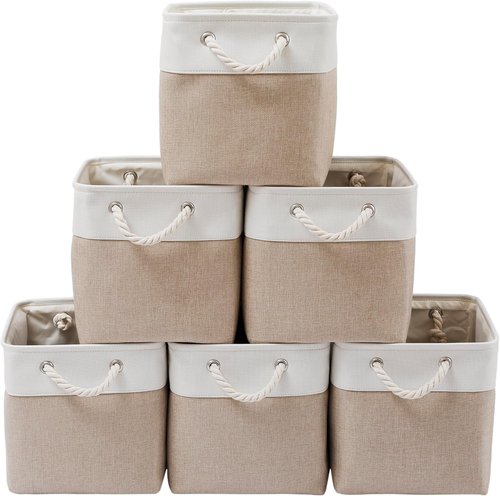 MidmmVick Extra Large 13"x13" Cube Storage Bins - 6 Pack Collapsible Fabric Bins in White & Beige