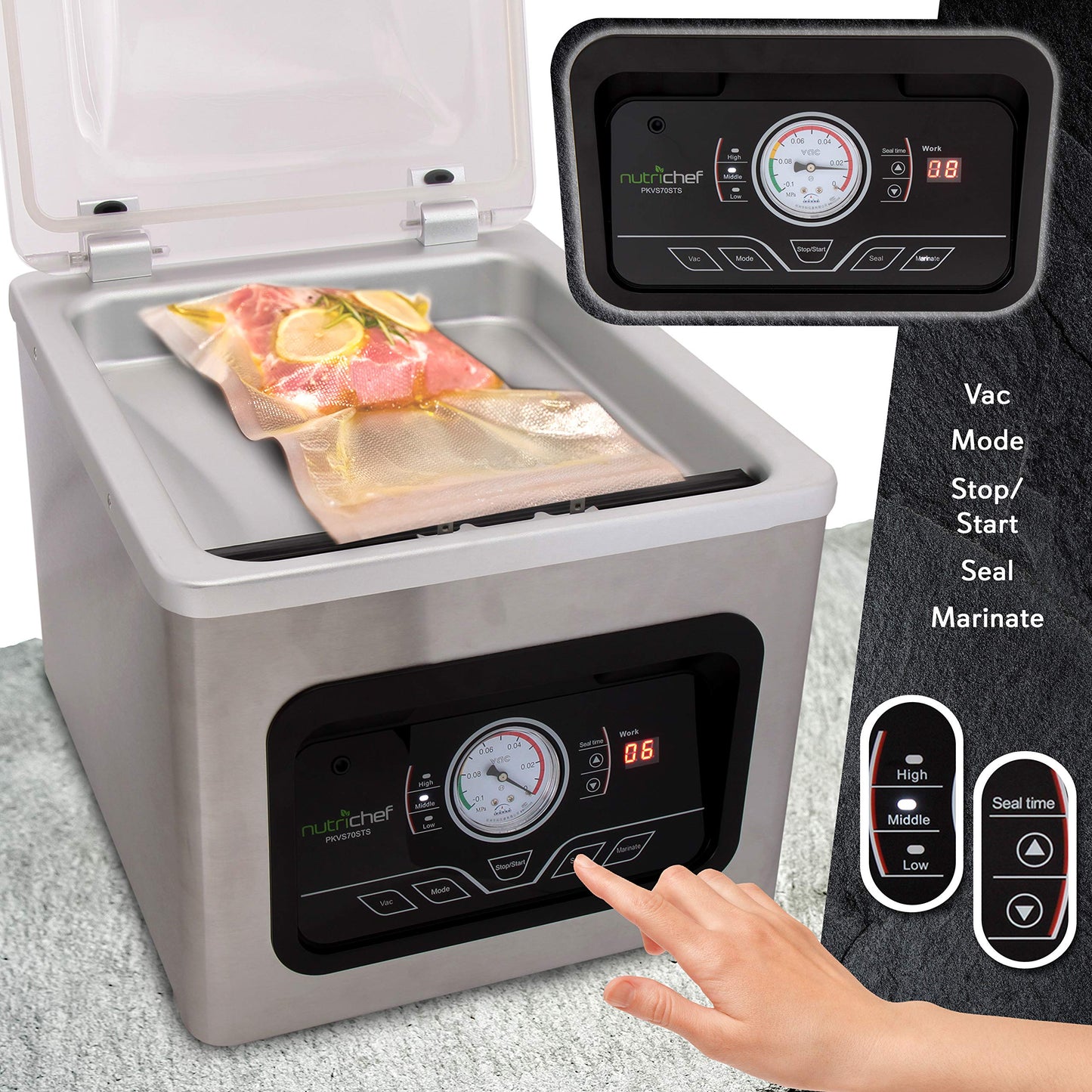 NutriChef Vacuum Sealer Machine - 350W Commercial 8L Chamber Type Automatic System Air Seal Machine Meat Packing Sealing Storage Preservation Sous Vide, Vac Roll Bags -NutriChef PKVS70STS