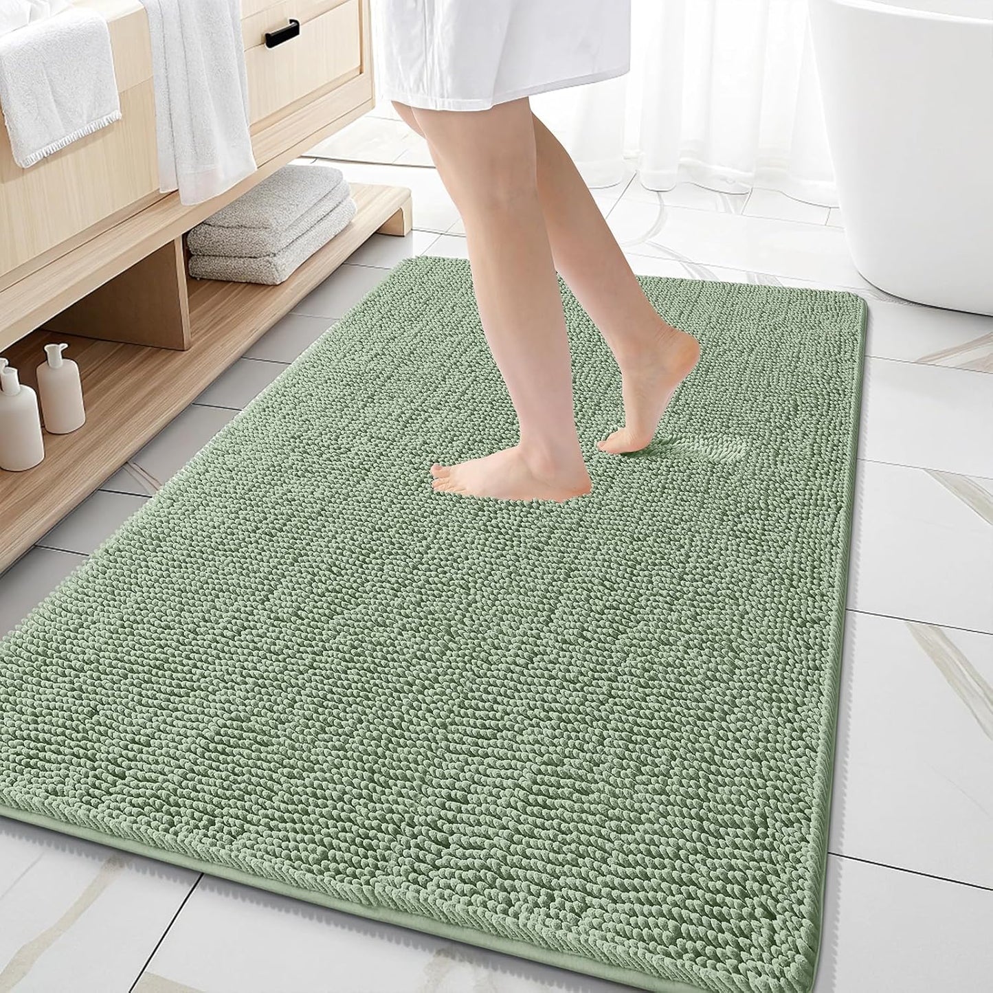 OLANLY Large Bathroom Rugs - Extra Soft Chenille Bath Mats | Quick Dry, Machine Washable, Sage Green 59x35