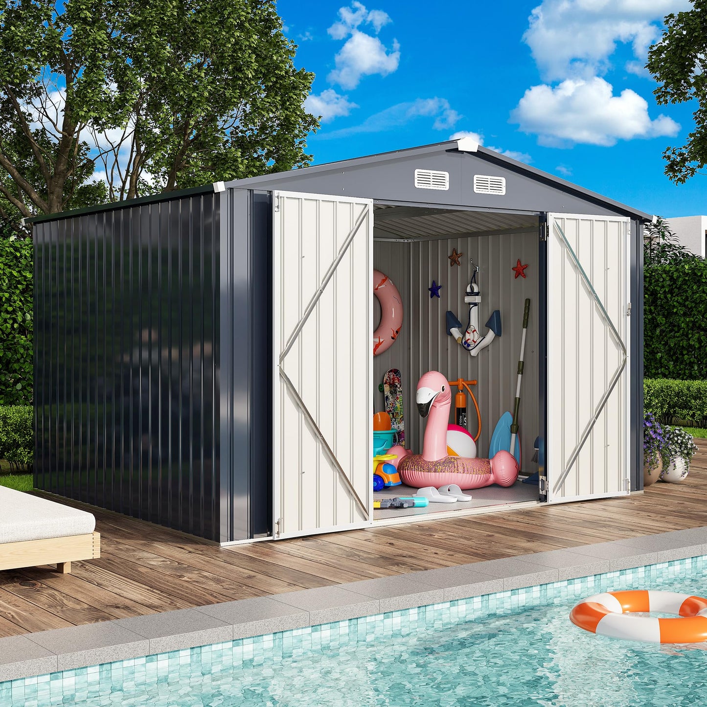 IRONCK 10x8FT Storage Shed, Outdoor Tool Shed with Lockable Doors and Breathable Vent, Outside Metal Garden Storage for Poolside, Backyard, Patio, Dark Blue
