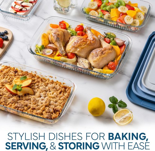 Cook With Color 8-Piece Deep Glass Baking Dish Set - Versatile Casserole & Food Storage Containers | Fluted Blue, Freezer-to-Oven Safe