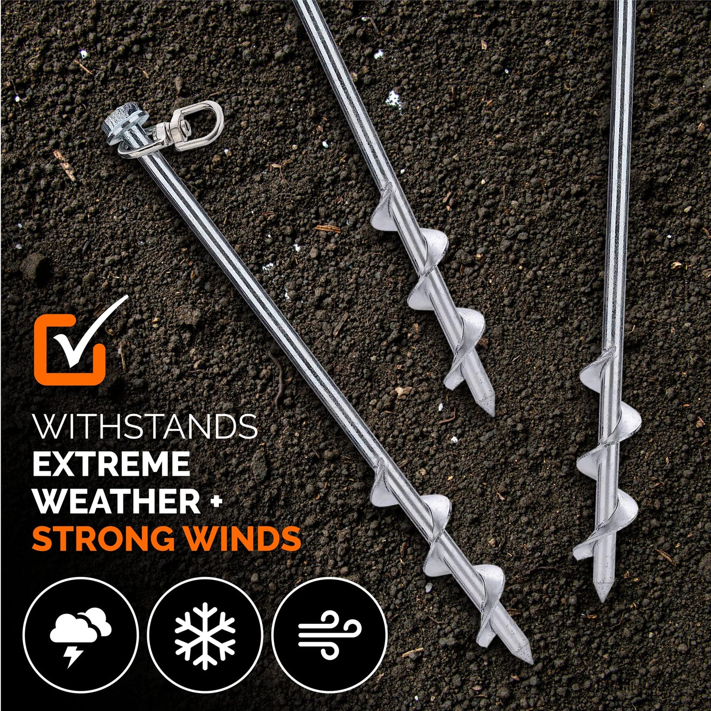 MightyPhine Steel Screw Ground Anchors - Set of 4, 12 Inch, Silver, Metal - Tent Stakes, Trampoline Anchor Kit, Swing Set Anchors, High Wind Resistance