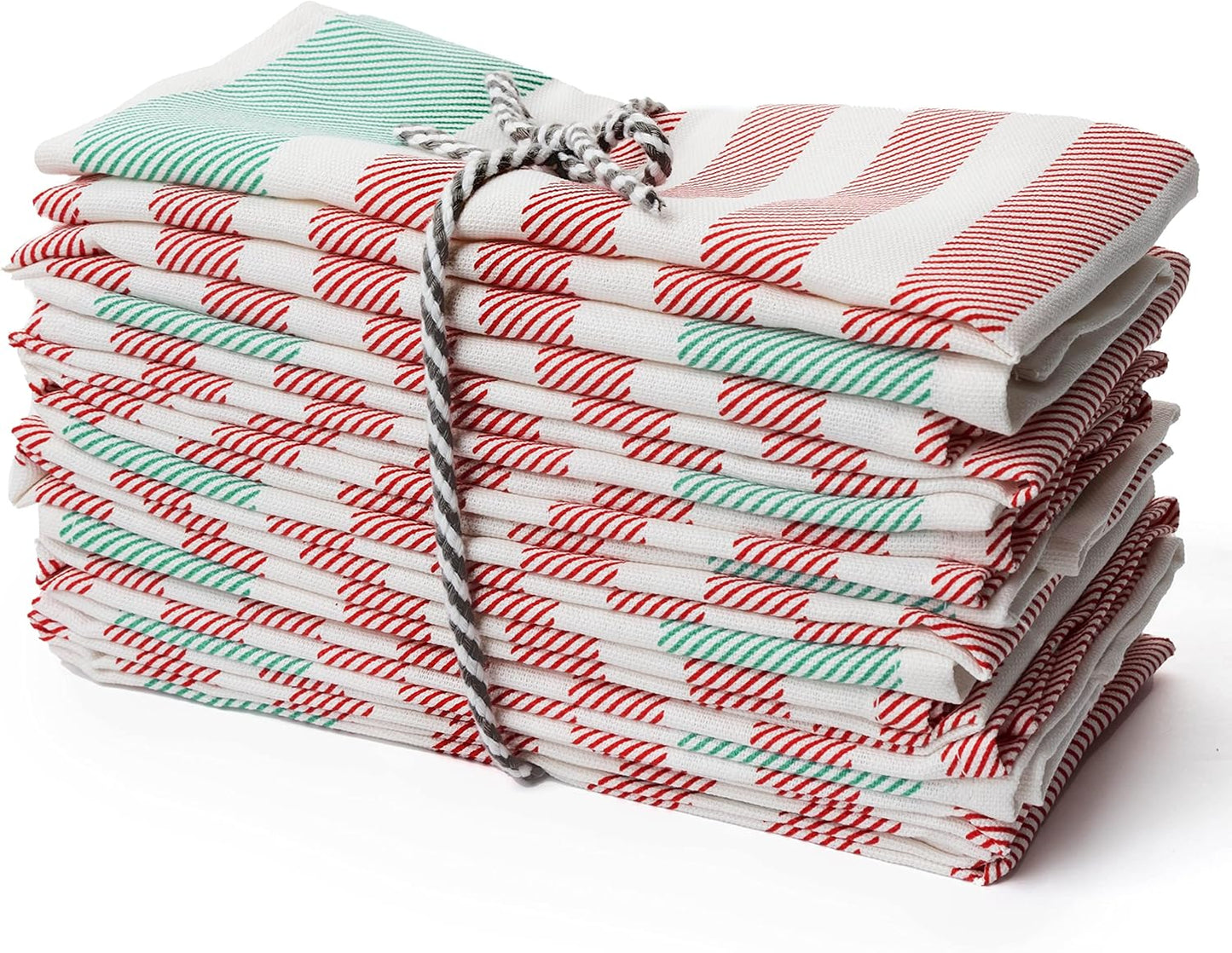 PERLLI Christmas Kitchen Cloth Napkins - 12 Pack 18x18 Inches | 100% Cotton, Washable & Reusable in Red, White, Green