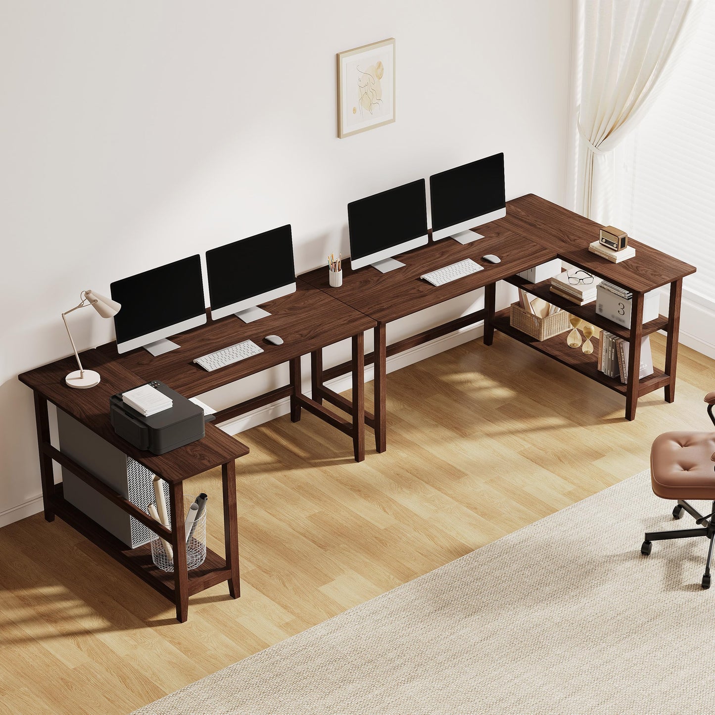 IOTXY Reversible L-Shaped Office Desk - 63" Extra Large Corner Computer Table with Storage Shelves, Solid Wood Legs, Home Writing & Study Workstation, Walnut