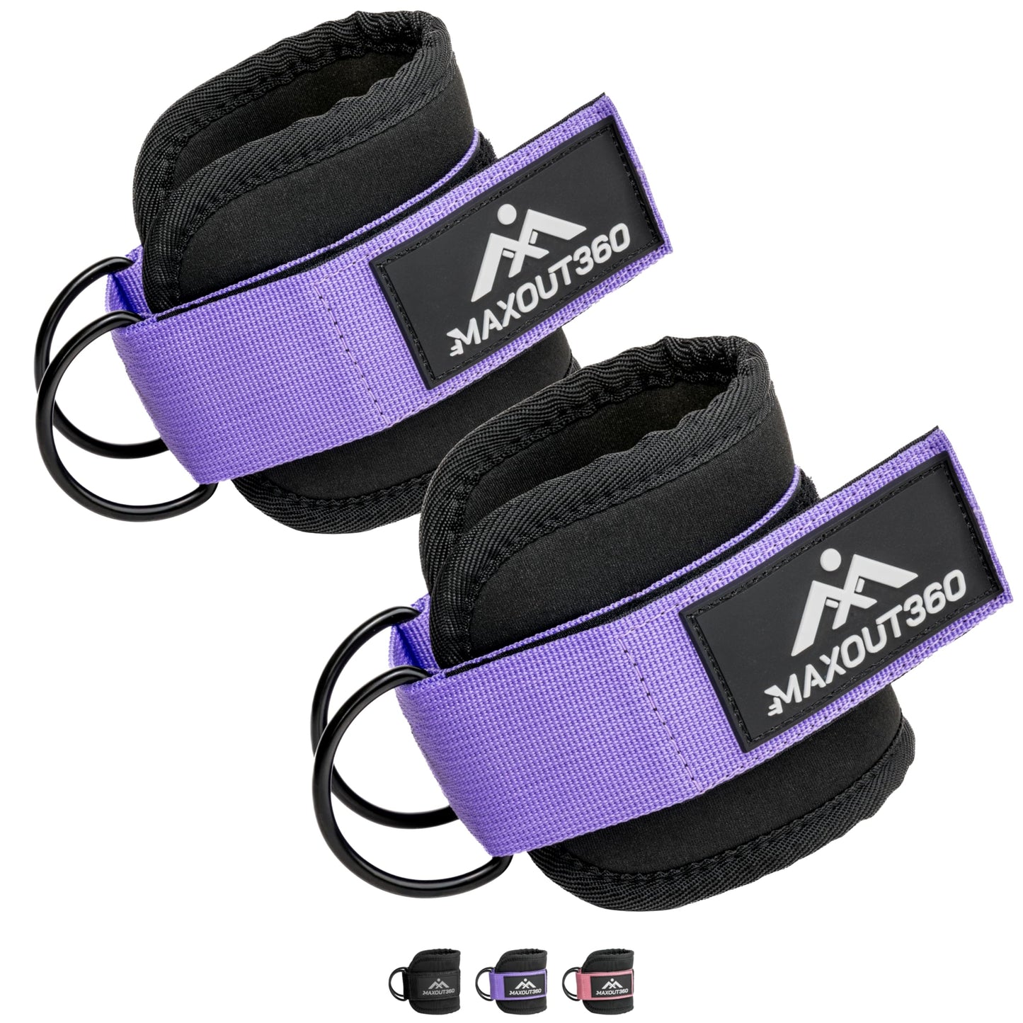 MaxOut360 Gym Ankle Straps for Cable Machines, Thick Padded Ankle Cuff Cable Attachment for Booty Workouts, Kickbacks, Hip Abductors, Lower Body Exercises, Purple Pair