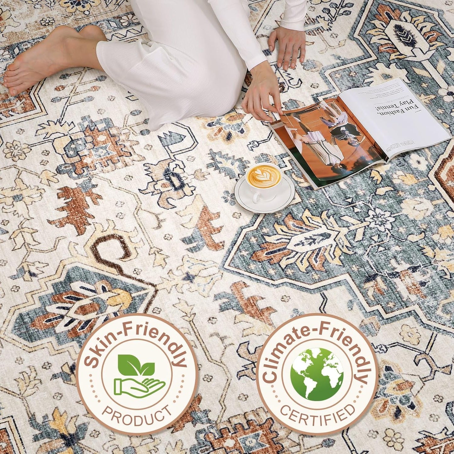 Skiennix 9x12 Area Rug - Washable Boho Vintage Soft Carpet | Stain Resistant, Non-Slip, Beige & Blue