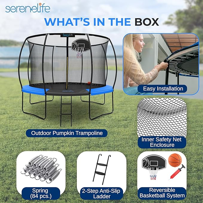 SereneLife 8FT 10FT 12FT 14FT Outdoor Trampoline for Kids and Adults – ASTM Certified Heavy-Duty Backyard Trampoline with Safety Poles, Net Enclosure, and Stable Anti-Rust Frame