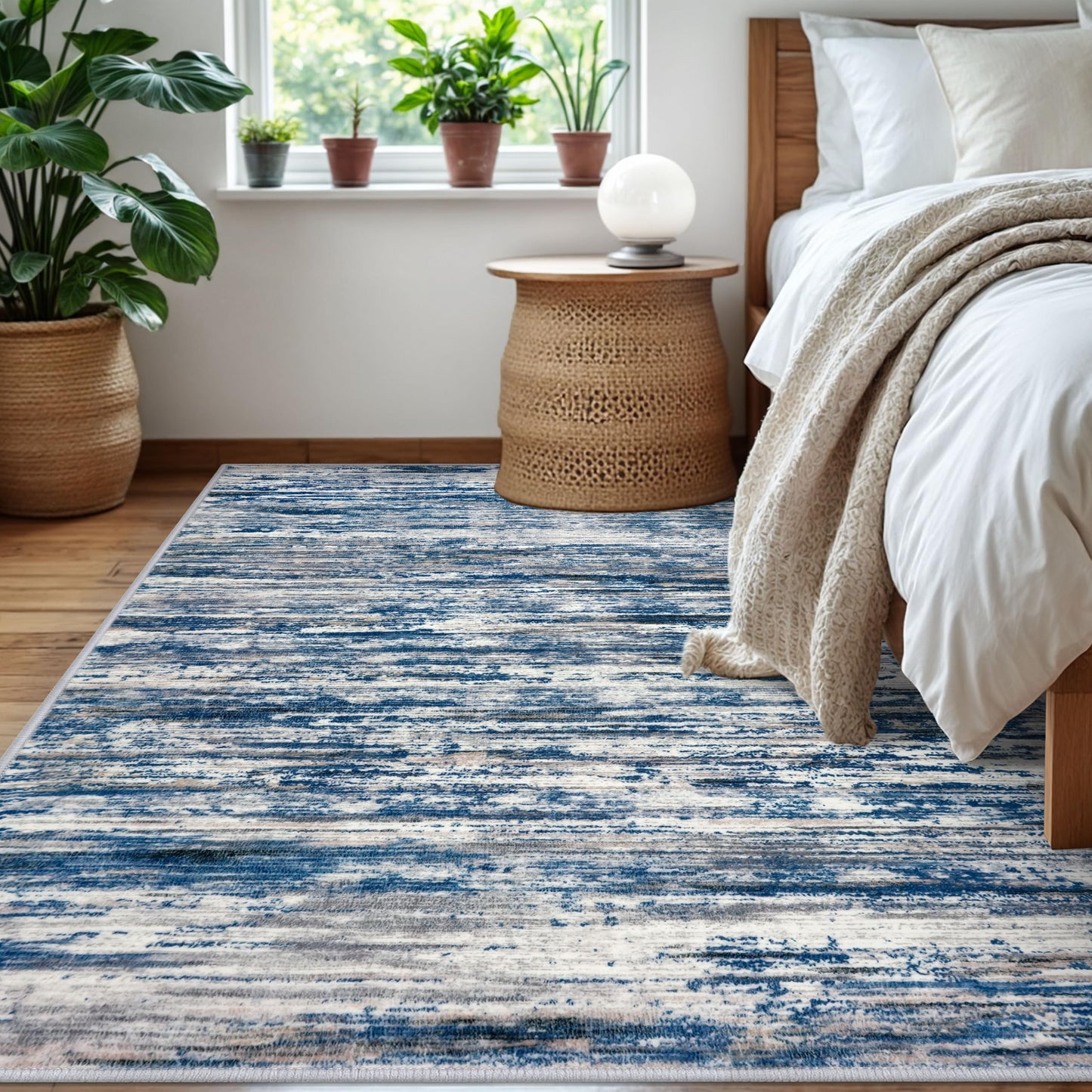 SIILOOM 5x7 Modern Abstract Area Rug for Bedroom, Navy Blue Gray Neutral Multi Large Super Soft Washable Rug with Slip-Resistant, Non-Shedding Rugs Indoor Door Mat for Home Décor