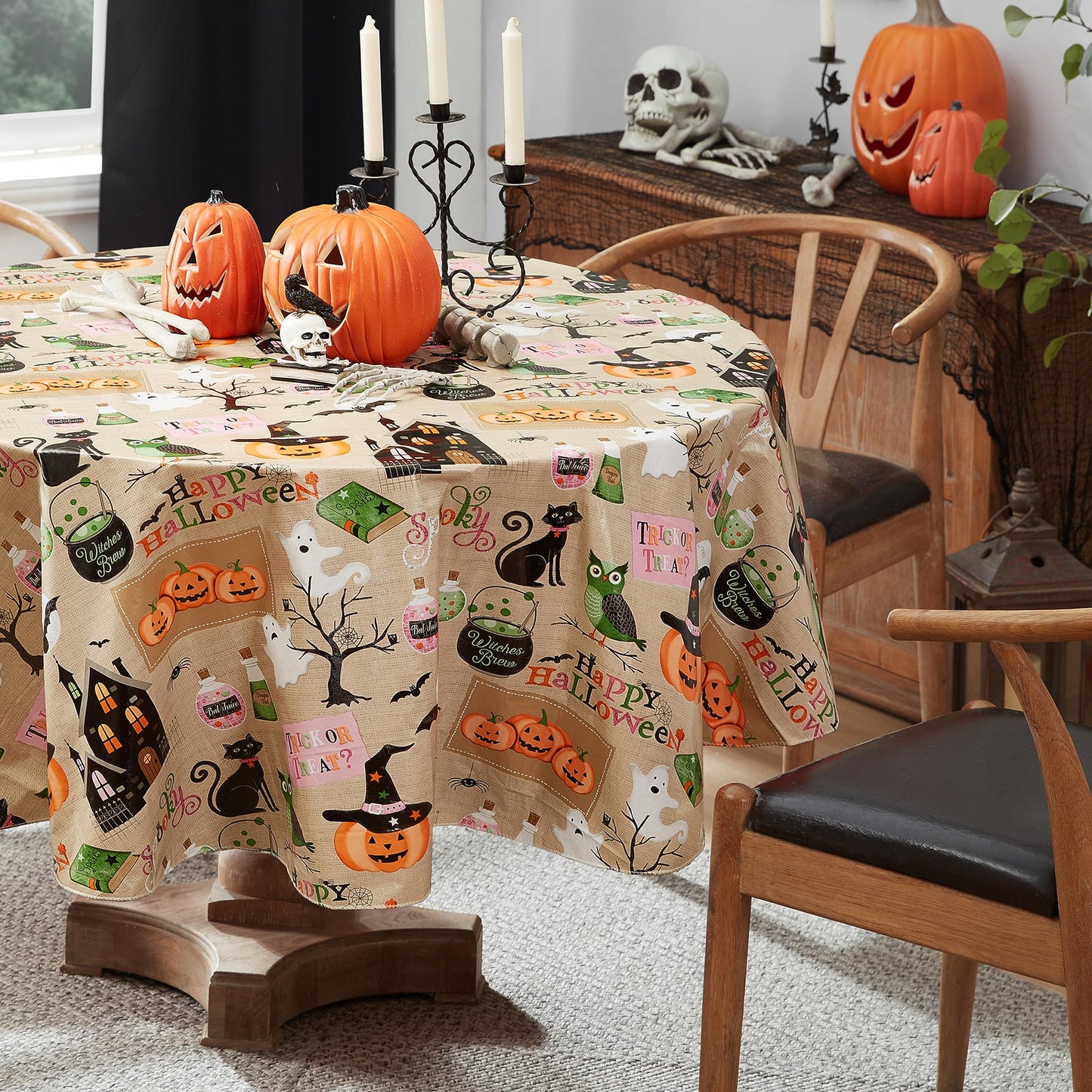 Newbridge Happy Halloween Witches Brew 60 x 84 Inch Oval Vinyl Tablecloth with Flannel Backing, Cute Ghost, Cat and Pumpkin Design, Easy Care Wipe Clean Halloween Table Cover
