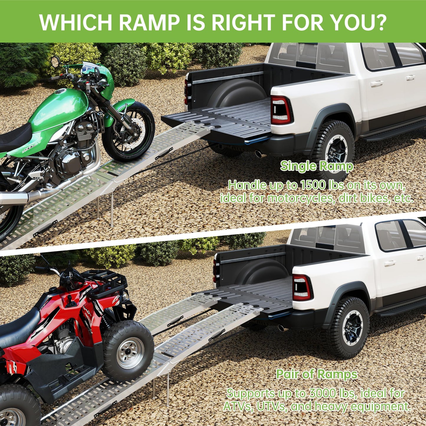 7.5 FT Aluminum Folding Loading Ramps, 3000lb Capacity Truck Ramps for ATV/UTV, Motorcycle, Lawn Mower, Golf Carts, Dirt Bike, with Adjustable Height Support Rods and Rubber Handles, 2PC Set