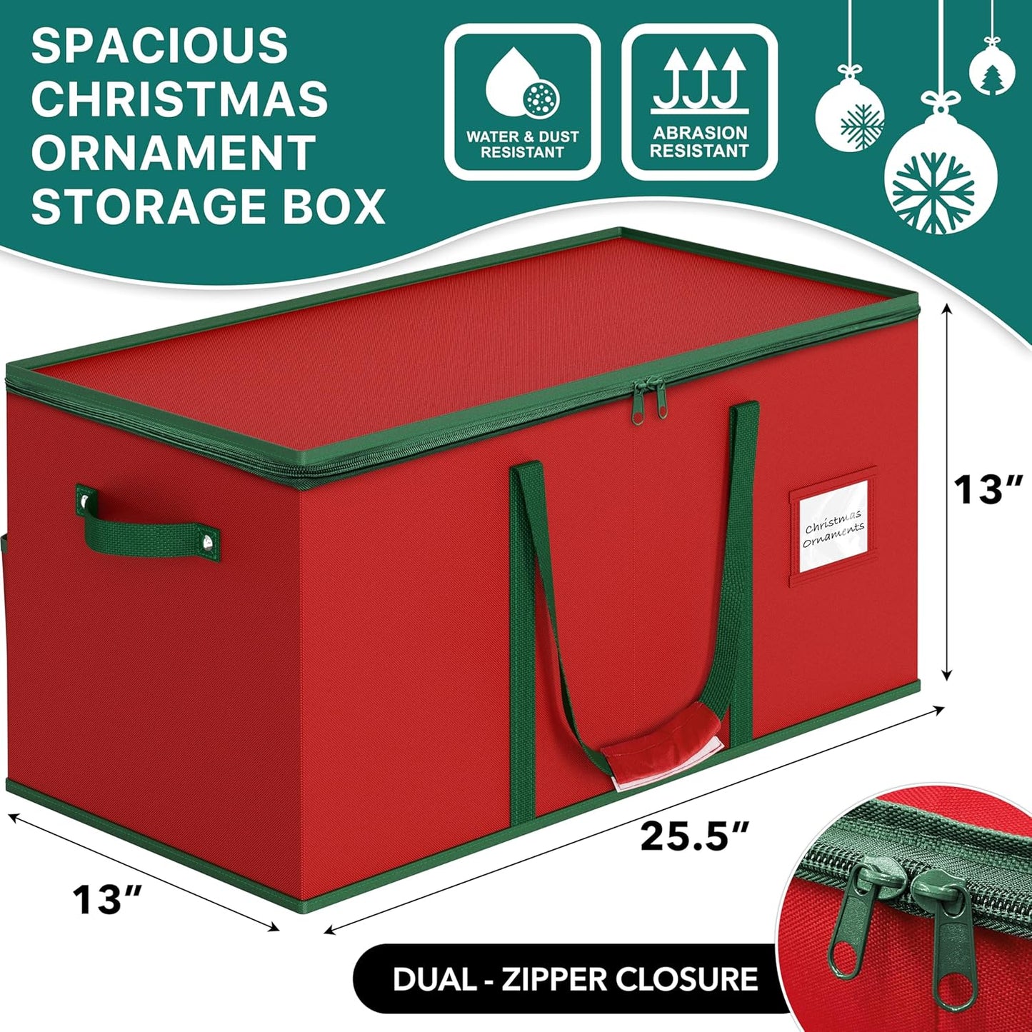 Simple Houseware Heavy-Duty Christmas Ornament Storage Box - Adjustable Dividers, Holds 128 Ornaments, Red