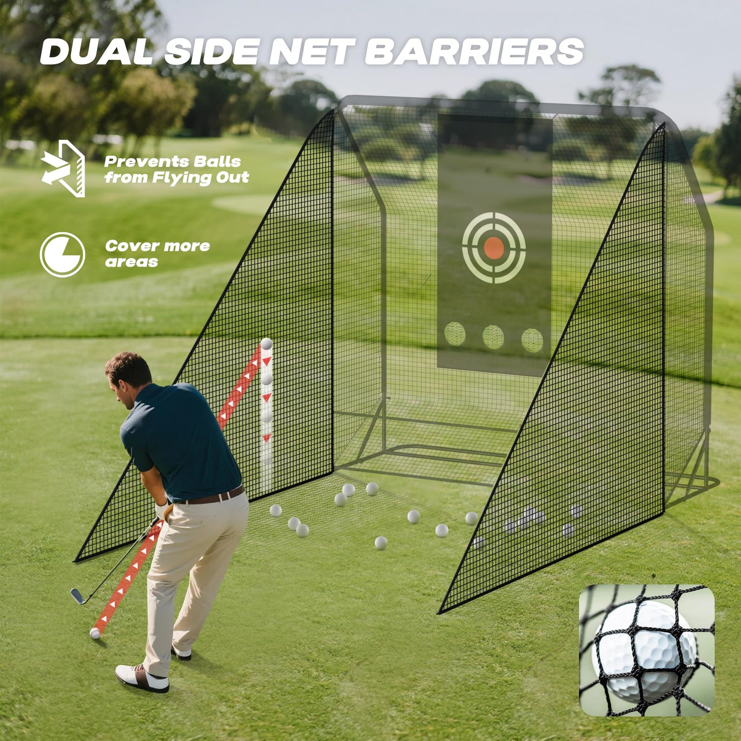 MR Golf Hitting Net 10’x10’ with Side Barriers, Extra Large Golf Practice Net with Ball Return System, Golf Simulator