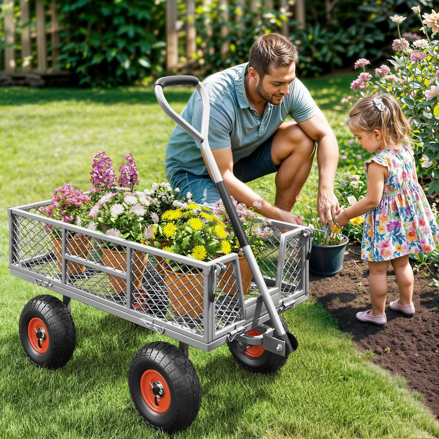 Autodaya Heavy Duty 900 lbs Capacity Garden Cart Wagon with 10" Pneumatic Tires & Removable Mesh Sides - 180° Rotating Handle, 4 Cu.Ft Utility Wagon for Yard, Garden, Hauling, All Terrain Outdoor Use