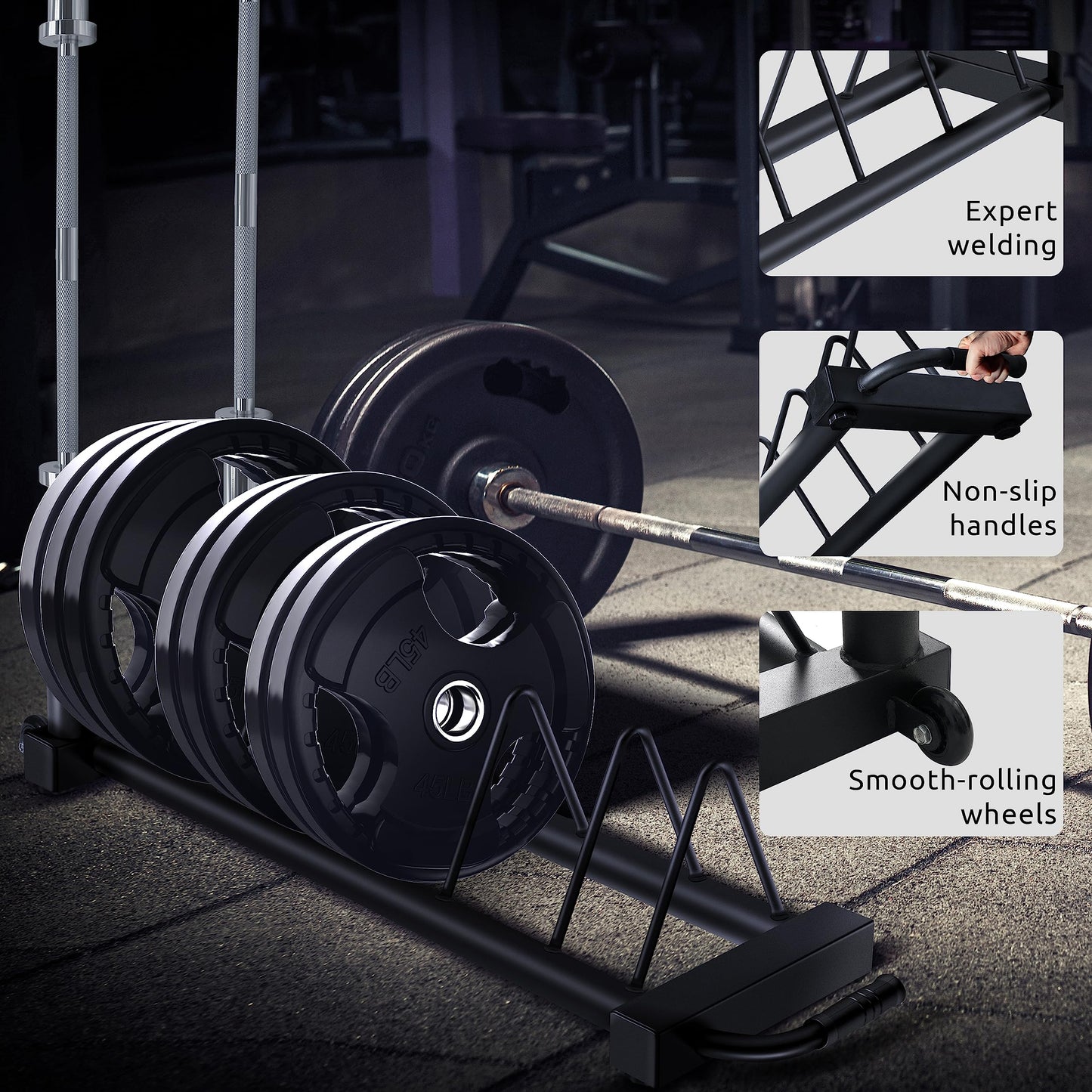 RitFit Horizontal Weight Plates Rack, Barbell Bumper Weight Plates Holder, Olympic Bar Storage Rack with Handle and Rolling Wheels, Black