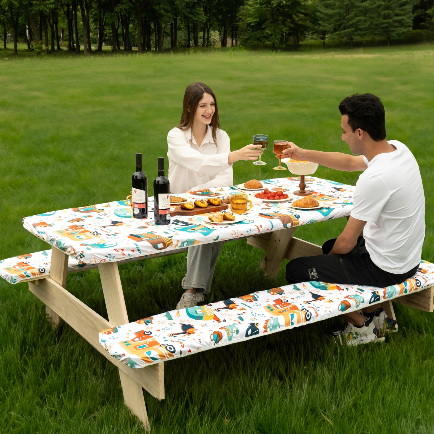 Jolly Camper 72 X 30 Inch Elastic Fitted Camping Table Cover with Bench Covers & Storage Bag, Picnic Tablecloth, Fits 6ft Picnic Tables, Polyester, Washable, Spill Resistant, Waterproof - Dino